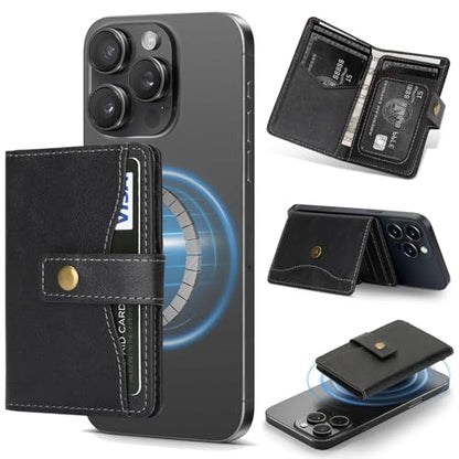 Ultra-Thin Magnetic Wallet Card Holder, Black | For iPhone and All MagSafe Protective Cases, Premium PU Leather, Powerful Magnetic Closure, Stand Function, 6 Card Slots - color: Black