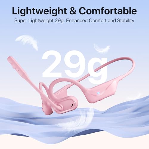 Open Ear Headphones with Mic, 29g Bluetooth Headset, Air Conduction Headphones with Dual Device Connection & Mute, Wireless Headset with Mic for Work, Driving, Office, Workout, Pink - color: Pink
