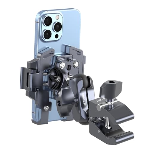 Motorcycle Phone Mount, CNC Aluminum Alloy Bike Phone Holder with Vibration Dampener & Dual 360° Ball Head, One-Click Lock Handlebar Clamp for iPhone 17 16 Pro Max Samsung (Mount002)