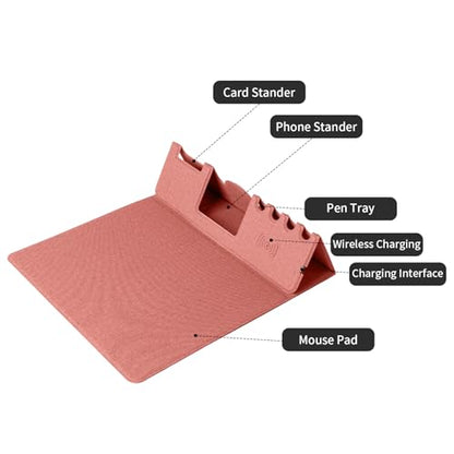 Mouse Pad with Phone Holder & Pen Holders, Wireless Charging Desk Mat, Mousepad Home Office Desk Pad with Ultra-Smooth Surface, Non-Slip Base, Waterproof Keyboard Pad, Classic Pink Desk Mat - color: Pink