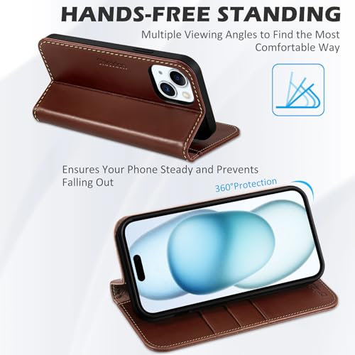 SHIELDON Genuine Leather Wallet Case for iPhone 15 6.1" 2023, Retro Coffee | RFID Blocking, Credit Card Holder, Magnetic Closure, Kickstand, Folio Design, Shockproof Phone Cover - color: Retro Coffee