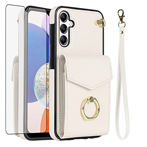Asuwish Wallet Case for Samsung Galaxy A16 5G/4G Women Men Off White | with Tempered Glass Screen Protector, Ring Holder, RFID Blocking, Card Holder, Wrist Strap, PU Leather, Cover for A 16 - color: Off White