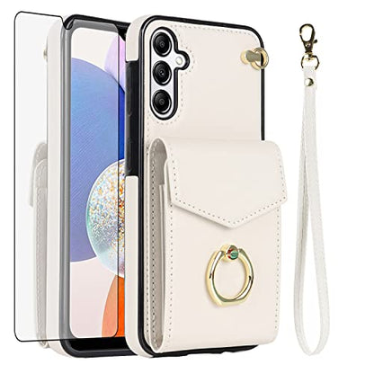Asuwish Wallet Case for Samsung Galaxy A16 5G/4G Women Men Off White | with Tempered Glass Screen Protector, Ring Holder, RFID Blocking, Card Holder, Wrist Strap, PU Leather, Cover for A 16 - color: Off White