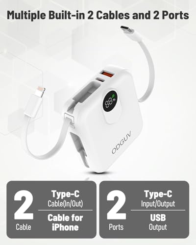 Small Portable Charger with Built-in Cables,22.5W Fast Charging Power Bank,USB-C Mini Battery Pack 10000mAh,Travel Essential Powerbank for iPhone Samsung Android MacBook iPad,White - color: white