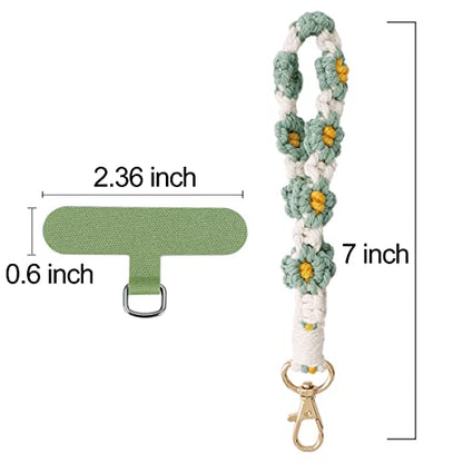 Boho Macrame Phone Wrist Strap, Cell Phone Lanyard with Tether Tab, Keychain Wristlet Charm, Anti-Loss Phone Chain - color: Daisy Green+white