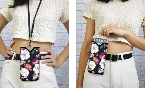 Tainada Neck Cellphone Sleeve Carrier w/Belt Loop (Black Floral Butterfly) - color: Black Floral Butterfly