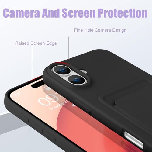MZELQ Compatible with iPhone 16 Case Card Holder -Black | Wallet Cover,Camera Protection + Screen Protector Soft Card Slot Phone Case - color: Black, size: iPhone 16