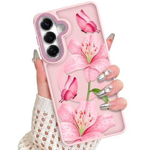 Magnetic Case for Samsung Galaxy S26 Plus, Pink Lily Flower | Compatible with MagSafe, Frosted Shockproof Cover, Cute Floral Design, Slim Phone Case for Women Girls - color: Pink Lily Flower, size: Samsung Galaxy S26 Plus
