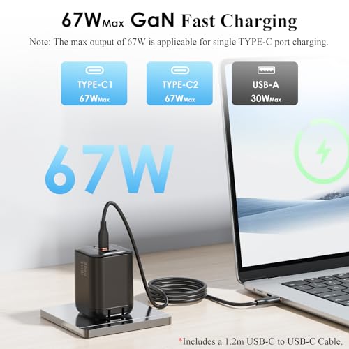 Minthouz 67W GaN Charger, 3-Port Fast Charging Power Adapter with Type-C & USB-A, for iPhone 17/16/15, iPad Pro, MacBook Air/Pro, Galaxy S25/S24, Google Pixel, Compact Travel Charger with 3.9FT Cable