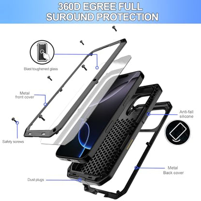 for iPhone 16 Pro Max Metal Case 6.9",Heavy Duty Shockproof Aluminum Alloy Tough Armour Military Phone Case,360 Full Body Protective Cover with Silicone Built-in Screen Protector - Black - color: Black