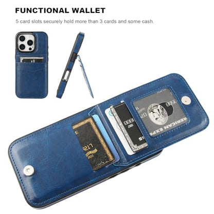 KIHUWEY for iPhone 16 Pro Wallet Case Card Holder Kickstand, Blue | Credit Card Slots, PU Leather, Magnetic Clasp, Flip Heavy Duty Protection Cover for Men and Women - color: Blue
