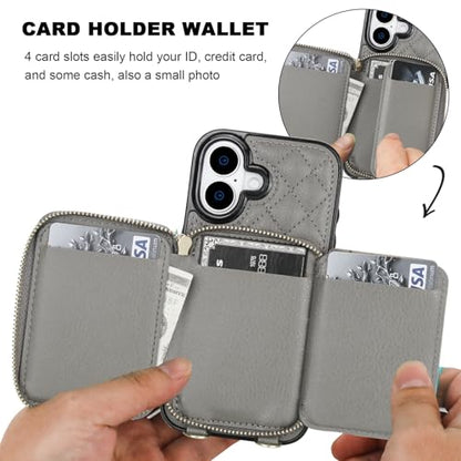Bocasal Crossbody Wallet Case Card Holder for iPhone 17, Grey | RFID Blocking PU Leather Zipper Handbag Purse, Kickstand Flip Folio Case with Card Slots Holder Wrist Strap Lanyard 6.3 Inch - color: Gray
