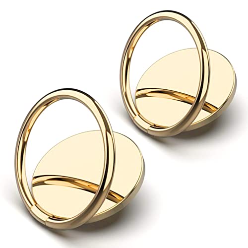 [2 Pack] Small Round Sparkling Cell Phone Ring Holder Stand,360 Degree Rotation and 180 Degree Adjustable Finger Ring Kickstand with Polished Metal Phone Grip (Gold)