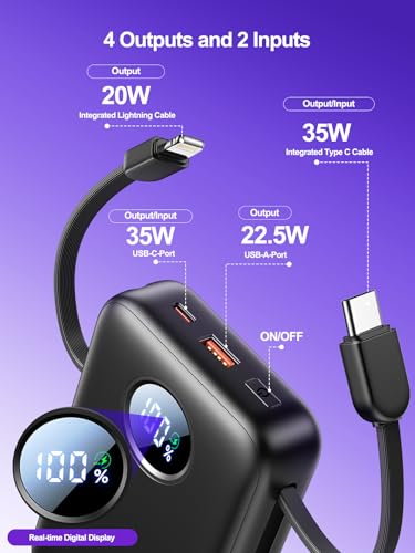 Aioneus Portable Charger, 35W PD Fast Charging Power Bank 20000mAh, Battery Pack with Built in Lightning & USB-C Cables, Powerbank for iPhone 17 16 15 14 iPad Samsung Android Tablet MacBook - color: Carbon Black