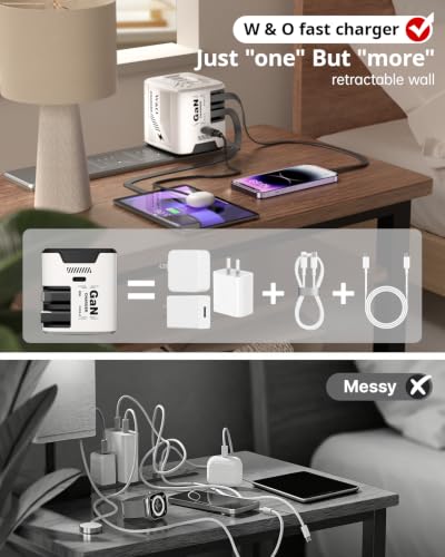 W & O 60W Gan Fast Charger Wall Plug, Built-in Retractable USB-C & L Cables - color: white+pink