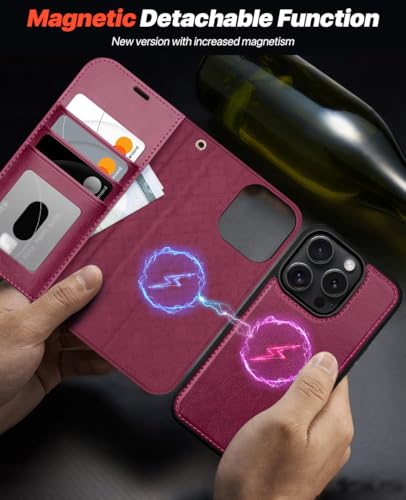 OCASE for iPhone 16 Pro Case Detachable Wallet Case with Card Holder, 2 in 1 Pu Leather Flip Folio with RFID Blocking Stand Wrist Strap Shockproof Phone Cover 6.3 Inch 2024, Burgundy | Magnetic 2 in 1 Wallet, RFID Blocking Flip Case, PU Leather Case, Kick