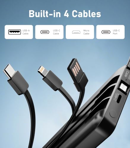 Portable Charger Built in 4 Cables, 10000mAh Power Bank, Black - color: Black