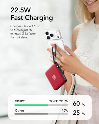 VRURC 10000mAh Portable Charger Power Bank Built-in Cables - color: Red