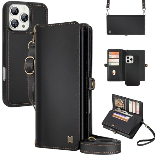 for Wallet Case Compatible with iPhone 16 Pro,Multi-Function Detachable 2 in 1 Magnetic iPhone 16 Pro Case Wallet,Flip Strap Zipper Card Holder Phone Case with Shoulder Straps (Black) - color: Black, size: iPhone 16 pro