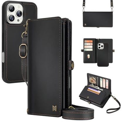 for Wallet Case Compatible with iPhone 16 Pro,Multi-Function Detachable 2 in 1 Magnetic iPhone 16 Pro Case Wallet,Flip Strap Zipper Card Holder Phone Case with Shoulder Straps (Black) - color: Black, size: iPhone 16 pro