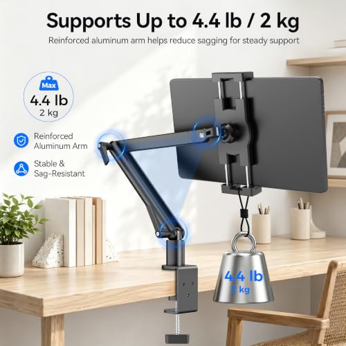 iPad Desk Mount Holder, Sturdy Aluminum Arm with C-Clamp for Desk & Bedside - size: Large