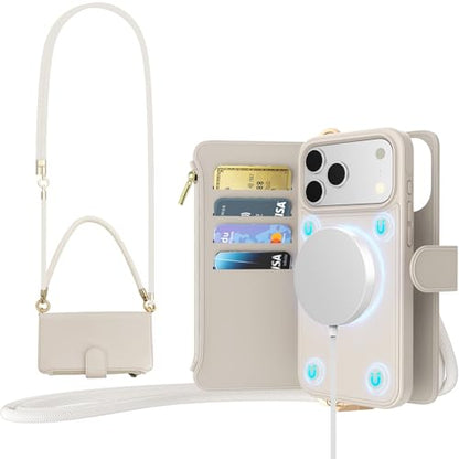 for iPhone 17 Pro 2-in-1 Magnetic Crossbody Wallet Case + Wrist Strap | Wireless Charging After Wallet Removal, Detachable Crossbody/Wrist Straps, Landscape Stand, Card Holder and Zipper Pocket - color: Cream apricot, size: iPhone 17 Pro
