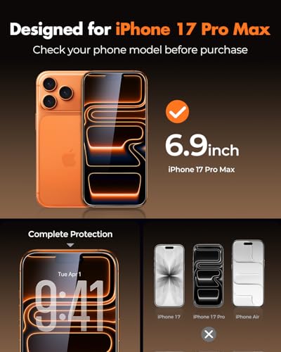 UNBREAKcable 4-Pack iPhone 17 Pro Max Screen Protector, 9H Hardness | 9H tempered glass | 99.99% HD clarity | Double Shatterproof|alignment frame easy install | case-friendly - size: iPhone 17 Pro Max