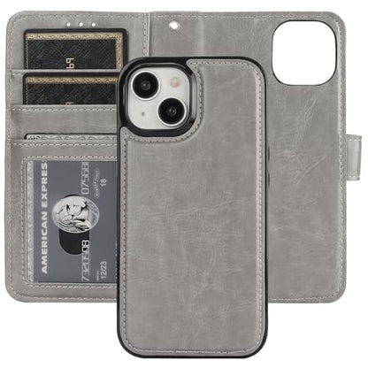 Bocasal Detachable Wallet Case Card Holder for iPhone 15, Grey | RFID Blocking Kickstand Card Slots Holder PU Leather Magnetic Shockproof Wrist Strap Removable Flip Protective Cover 6.1 inch - color: Gray