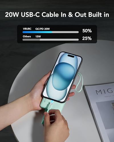 VRURC Portable Charger, 22.5W Fast Charging Power Bank Built‑in 4 Cables - color: Green