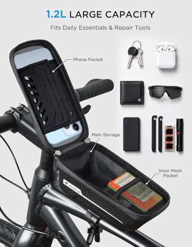 whale fall Waterproof Bike Frame Bag, 1S Quick Release Bike Phone Holder | Hard Shell Top Tube Bag with TPU Touchscreen, Fits Phones up to 7", Includes Rain Cover and 2-in-1 Mounting for Daily Rides - color: Black & White