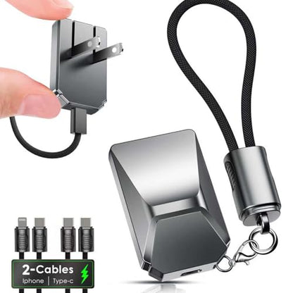 USB C Charger for iPhone 16/15 Charger Fast Charging, GaN Keychain Design Fast Wall Charger Block with 2 Pack USB C to C & C to Lightning Cable, Foldable and Compact for iPhone 17/16/15, iPad(Gray) - color: Silvery
