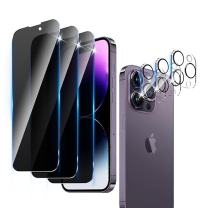 3+3 Pack Privacy Screen Protector Designed for iPhone 14 Pro With 3 Pack Camera Lens Protector,Full Coverage Anti-Spy Tempered Glass Film,9H Hardness,Bubble Free,Easy to Install - color: iPhone 14 Pro FK33