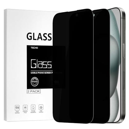 TECHO Privacy Screen Protector for iPhone 16 / iPhone 15 Tempered Glass Film, Full Coverage Edge to Edge, Anti Spy Private, 9H Hardness, 2 Pack, 6.1 Inch