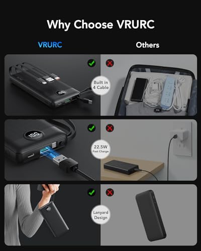 VRURC Portable Charger, 20W PD Fast Charging Power Bank Built in 4 Cables - color: Black