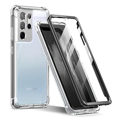 SURITCH for Samsung Galaxy S21 Ultra Clear Case 6.8" (Only), [Built-in Screen Protector] Full Body Protective Hard Shell+Soft TPU Phone Case for Samsung S21 Ultra -(Black Edge) - color: Black Edge