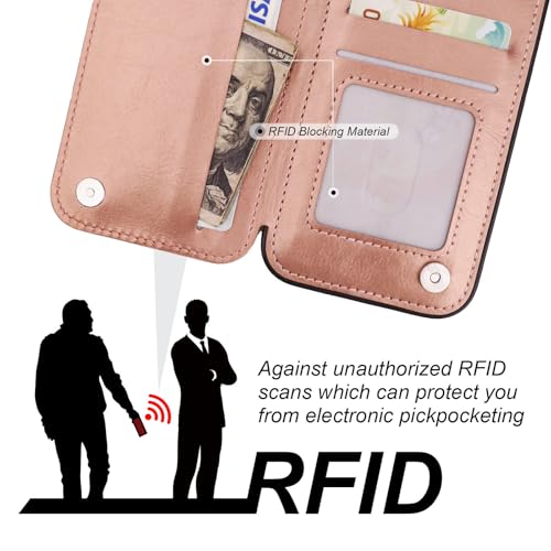ONETOP for iPhone 17e/16e Wallet Case with Credit Card Holder,Rosegold | 360° Rotation Ring Kickstand,Finger Grip,Double Magnetic Clasp,RFID Blocking PU Leather Shockproof Cover for Women Men - color: Rose Gold