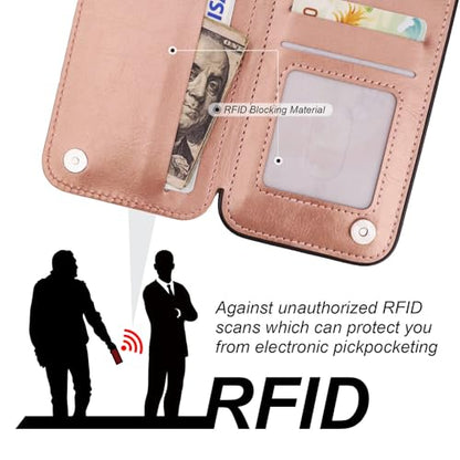 ONETOP for iPhone 17e/16e Wallet Case with Credit Card Holder,Rosegold | 360° Rotation Ring Kickstand,Finger Grip,Double Magnetic Clasp,RFID Blocking PU Leather Shockproof Cover for Women Men - color: Rose Gold