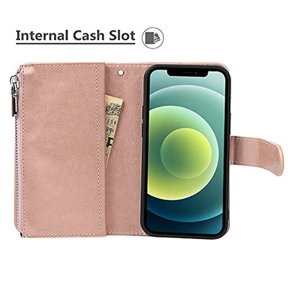 iCoverCase for iPhone 12 Mini Wallet Case with Card Holder and Wrist Strap, PU Leather Kickstand Card Slots Zipper Pocket Magnetic [Detachable] Flip Cover Case 5.4 Inch (Rose Gold) - color: Rose Gold
