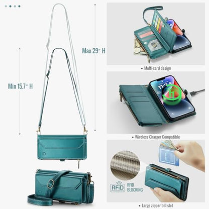 Strapurs Wallet Case Compatible with iPhone 14 Plus RFID Blocking 10-Card Holder Soft PU Leather Magnetic Snap Shoulder Strap Zipper Pocket Phone Case Fit for iPhone 14 Plus 6.7" - Blue Green | RFID Blocking 10-Card Holder, Shoulder Lanyard, Wirst Strap,