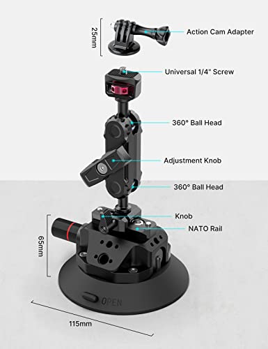 Ulanzi SC-02 Heavy-Duty Suction Cup Mount for Camera/Accessory (4.5"), Pump-actived Vacuum Camera Suction Cup Mount for Action Cameras w Quick Release NATO Magic Arm Car Boat Windshield Window Mount - color: SC-02