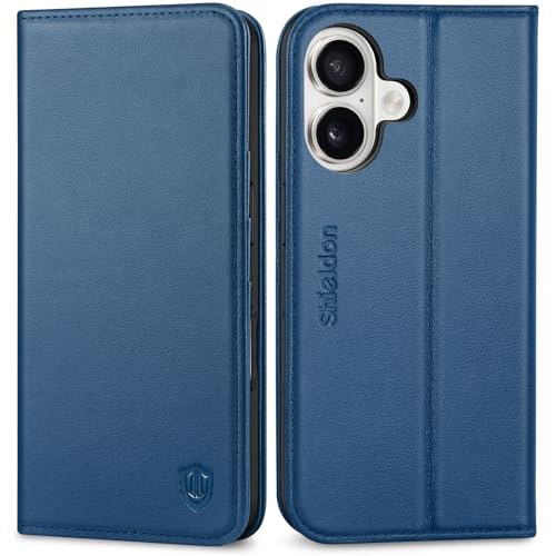SHIELDON Genuine Leather Magnetic Case Wallet for iPhone 16, Royal Blue | Flip Magnetic Closure, RFID Blocking 3 Card Holder, Kickstand, Full Protection, Shock Absorbing Protective Cover - color: Royal Blue