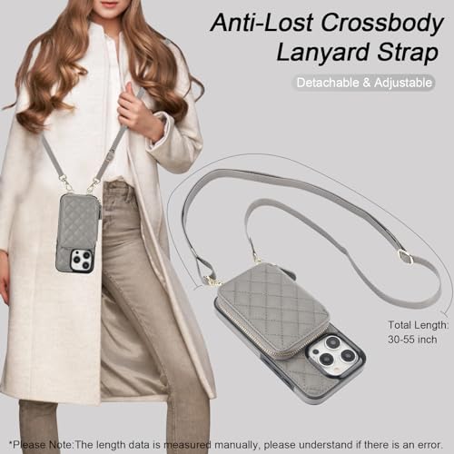 Bocasal Crossbody Wallet Case Card Holder for iPhone 15 Pro, Grey | RFID Blocking PU Leather Zipper Handbag Purse, Kickstand Flip Folio Case with Card Slots Holder Wrist Strap Lanyard 6.1 Inch - color: Gray