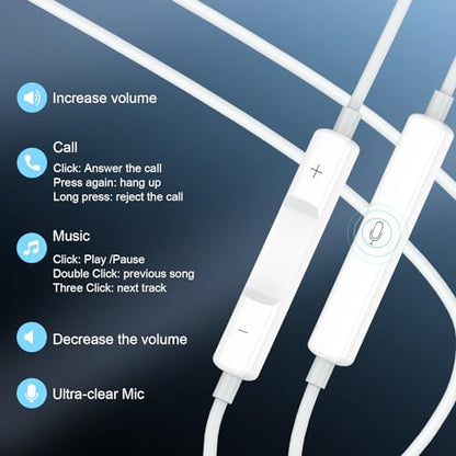 Sundix USB C Headphones, Wired Earbuds in-Ear with Mic for iPhone 17 16 15