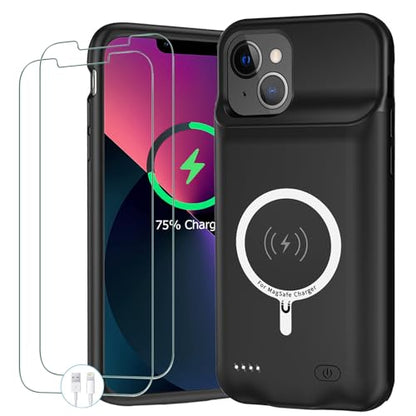 Wireless Battery Case for iPhone 13, 10000mAh Portable Protective Charging Case with Wireless Charging Compatible with iPhone 13 (6.1 inch) Rechargeable Battery Pack Charger Case with Carplay -Black - size: iPhone 13