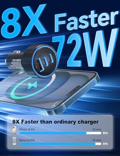 for iPhone 15/16 Pro Max Car Charger, 72W 3-Port Fast USB C Car Charger