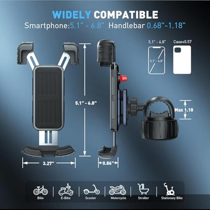 Motorcycle Phone Mount Holder - Upgrade Vibration Dampener - 360° Rotatable Bicycle Phone Holder, Bike Handlebar Phone Clip for 5.1" - 6.8" Smartphones