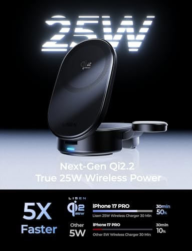 LISEN QI2.2 25W MagSafe Wireless Charger for iPhone 18 Pro Max, Qi2 25W 3 in 1 Charging Station Apple Stand for iPhone 18/17/16/15/14/13 Pro Max, Apple Watch&AirPods, Travel Portable with 45W Adapter