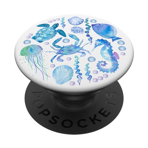 Cute Sea Ocean Life Turtle Crab Seahorse Fish Watercolor PopSockets Adhesive PopGrip - style: Adhesive PopGrip