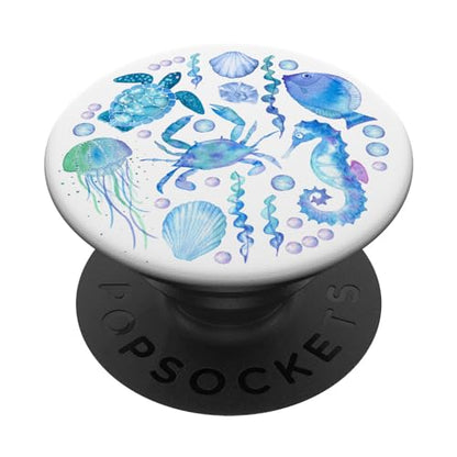 Cute Sea Ocean Life Turtle Crab Seahorse Fish Watercolor PopSockets Adhesive PopGrip - style: Adhesive PopGrip