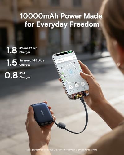 Baseus PicoGo AC22 Mini Power Bank, 10000mAh 45W PD Portable Charger Built-in USB-C Cable, Ultra Small Battery Pack, Fast Charging Battery Bank for iPhone Duo/18/17/16/15 Samsung S26/S25 Pixel iPad - color: Black